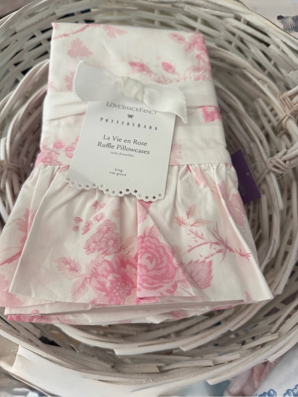LoveShackFancy (2) Pink and White La Vie en Rose Floral Ruffle KING Pillowcases - Picture 2 of 11